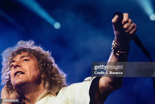 British songwriter and singer Robert Plant of the British rock band Led Zeppelin perform during the Atlantic Records 40th Anniversary Concert at...