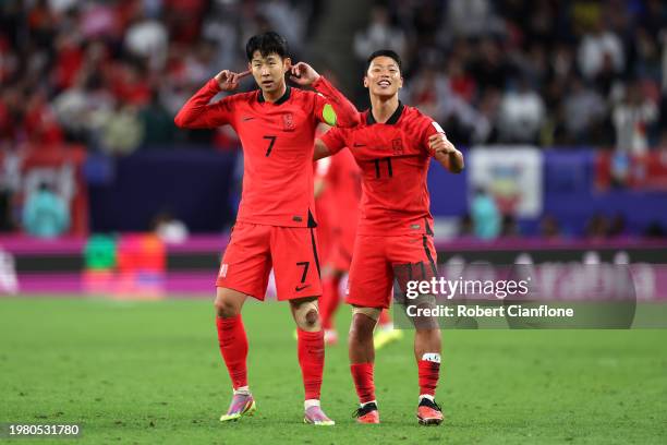 Son Heung-min of South Korea celebrates his goal during the AFC Asian Cup quarter final match between Australia and South Korea at Al Janoub Stadium...