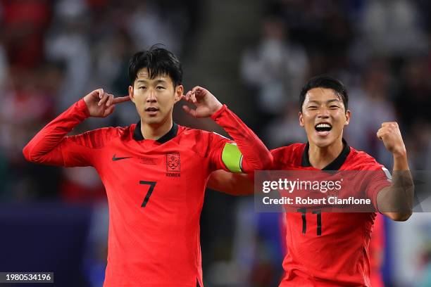 Son Heung-min of South Korea celebrates his goal with Hwang Hee-chan of South Korea during the AFC Asian Cup quarter final match between Australia...