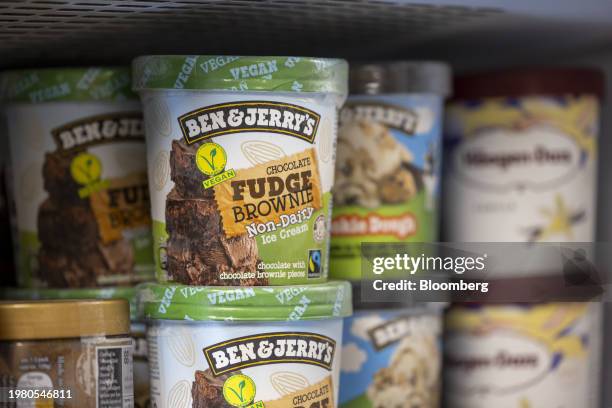 Tubs of Ben and Jerry's ice cream, manufactured by Unilever Plc, in a convenience store near Guildford, UK, on Monday, Feb. 5, 2024. Unilever are due...