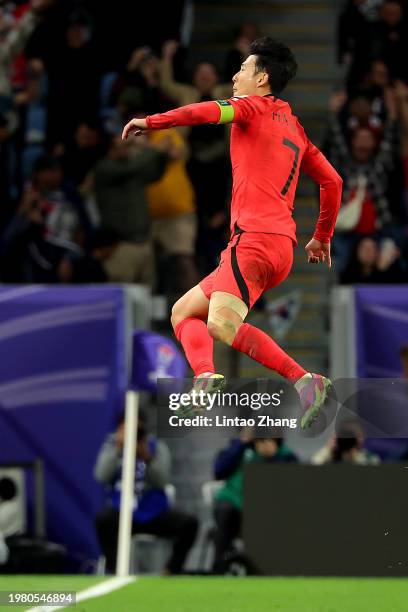 Son Heung-min of South Korea celebrates his goal during the AFC Asian Cup quarter final match between Australia and South Korea at Al Janoub Stadium...