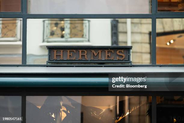 Logo above the entrance to a Hermes International SA luxury clothing boutique in central Paris, France, on Monday Feb. 5, 2024. Hermes report annual...