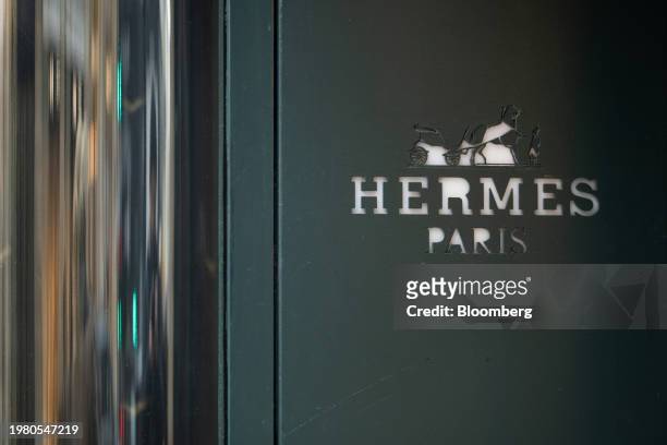 Logo outside a Hermes International SA luxury clothing boutique in central Paris, France, on Monday Feb. 5, 2024. Hermes report annual results on...