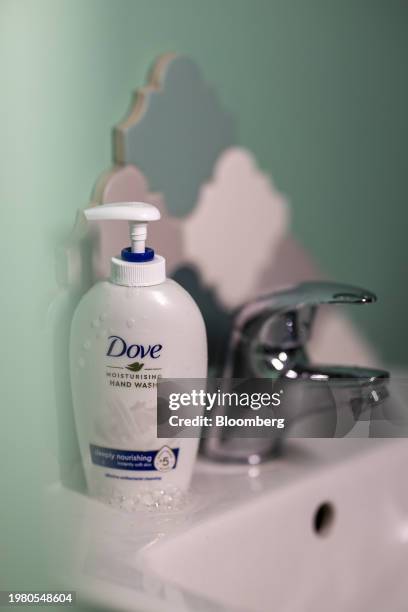 Hand pump bottle of Dove hand wash, manufactured by Unilever Plc, arranged near Guildford, UK, on Monday, Feb. 5, 2024. Unilever are due to release...