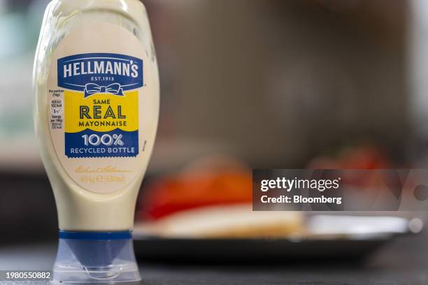 Bottle of Hellman's mayonnaise, manufactured by Unilever Plc, arranged near Guildford, UK, on Monday, Feb. 5, 2024. Unilever are due to release their...