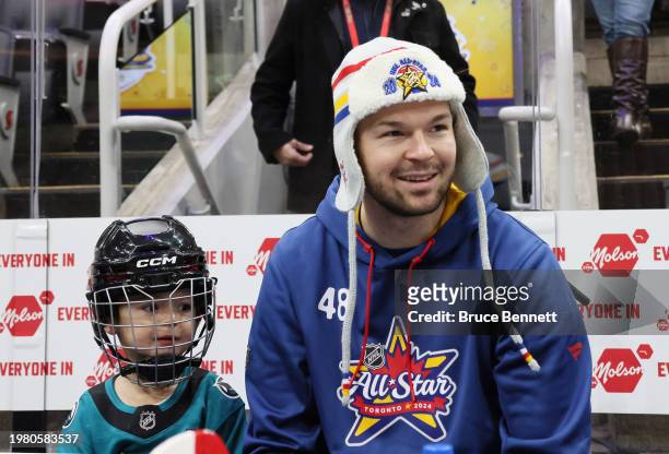 Thomas Hertl of the San Jose Sharks and his son practice in the morning of the NHL Skills Competition at the Scotiabank Arena on February 02, 2024 in...