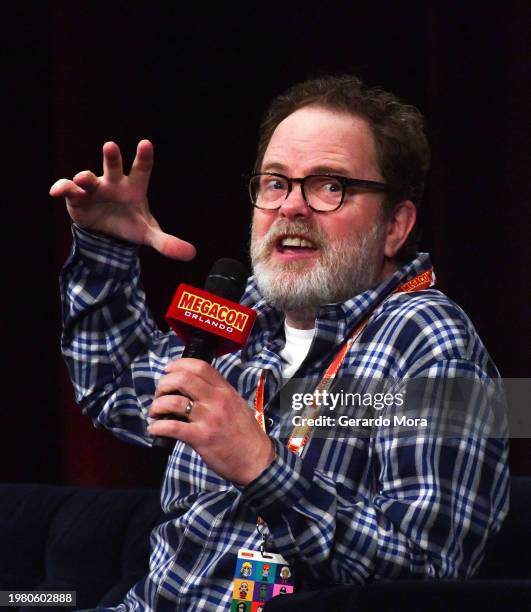 Actor Rainn Wilson speaks at MegaCon Orlando 2024 at Orange County Convention Center on February 02, 2024 in Orlando, Florida.