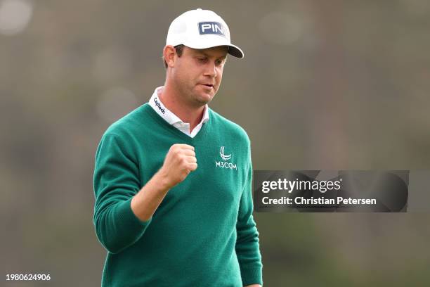 Harris English of the United States reacts after putting on the first green during the second round of the AT&T Pebble Beach Pro-Am at Spyglass Hill...