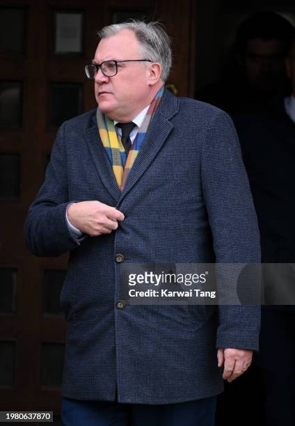 Ed Balls attends the funeral of Derek Draper at St Mary the Virgin Church, on February 02, 2024 in London, England.