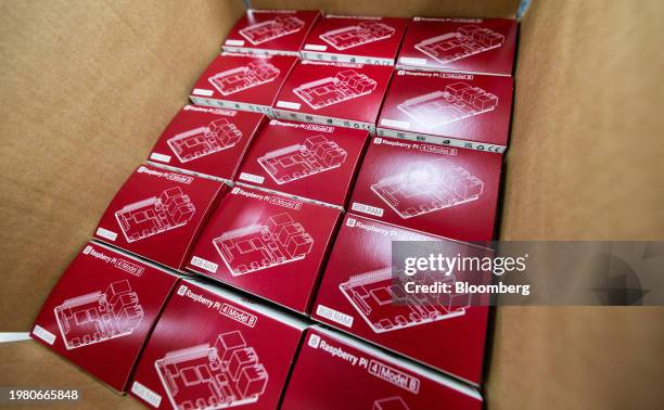 Box of Raspberry Pi personal computers on the final packaging line at the Sony UK Technology Centre in Pencoed, UK, on Friday, Feb. 2, 2024. Personal...