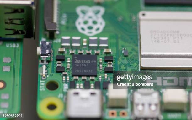 Renesas Electronics Corp. Microchip on a Raspberry Pi personal computer on the production line at the Sony UK Technology Centre in Pencoed, UK, on...