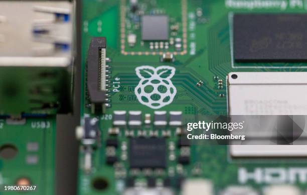 Raspberry logo on a Raspberry Pi personal computer on the production line at the Sony UK Technology Centre in Pencoed, UK, on Friday, Feb. 2, 2024....