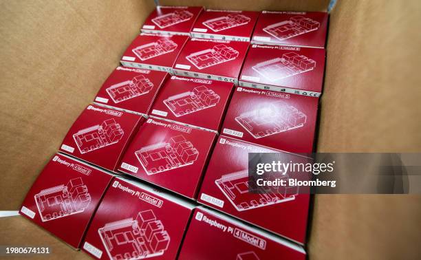 Box of Raspberry Pi personal computers on the final packaging line at the Sony UK Technology Centre in Pencoed, UK, on Friday, Feb. 2, 2024. Personal...