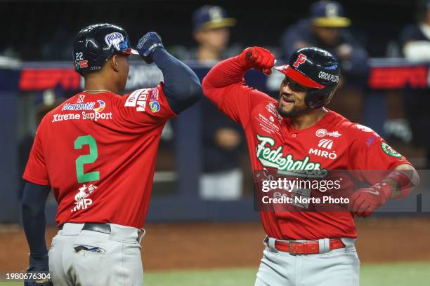 Ivan Herrera of of Los Federales de Chiriquí of Panama celebrates home run in the seventh inning, during a game between Panama and Curazao at...