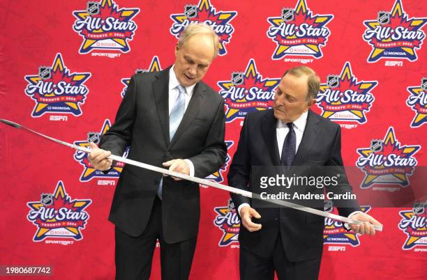 Graeme Roustan and NHL Commissioner Gary Bettman attend a press conference at the 2024 NHL All-Star weekend at Scotiabank Arena on February 02, 2024...