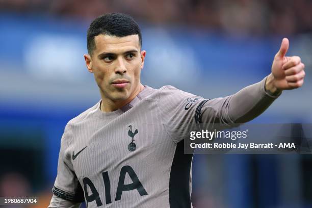 Pedro Porro of Tottenham Hotspur during the Premier League match between Everton FC and Tottenham Hotspur at Goodison Park on February 3, 2024 in...