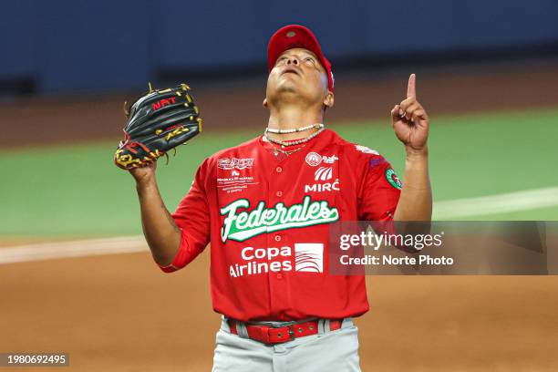 Ronald Ramirez relief pitcher of Los Federales de Chiriquí of Panama celebrates at the end of the seventh inning, during a game between Panama and...
