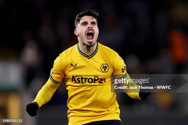Pedro Neto of Wolverhampton Wanderers celebrates after scoring his team's first goal during the Premier League match between Wolverhampton Wanderers...