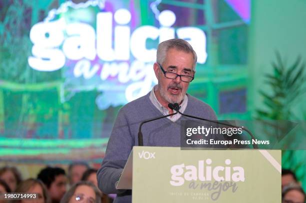 Vox candidate for the Presidency of the Xunta, Alvaro Diaz-Mella, speaks during the start of the electoral campaign, on 02 February, 2024 in A...