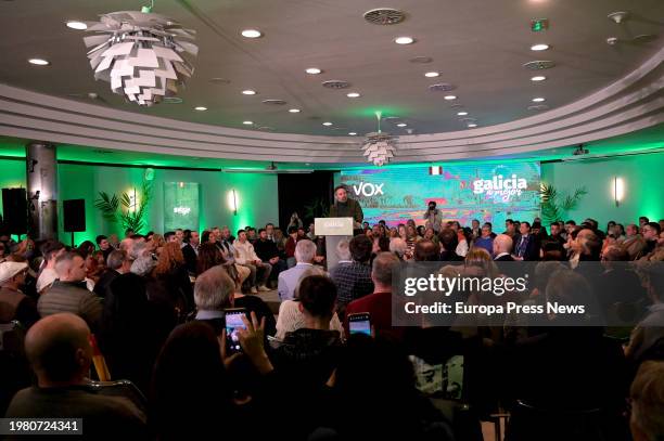 The president of Vox, Santiago Abascal, speaks during the start of the electoral campaign, on 02 February, 2024 in A Coruña, Galicia, Spain. The head...