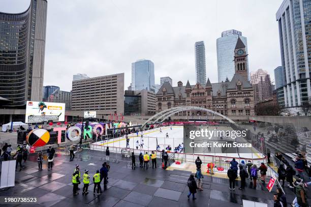 General view of Nathan Phillips Square during a Hockey Clinic for diverse girls on February 01, 2024 in Toronto, Ontario. On February 01, 2024 in...