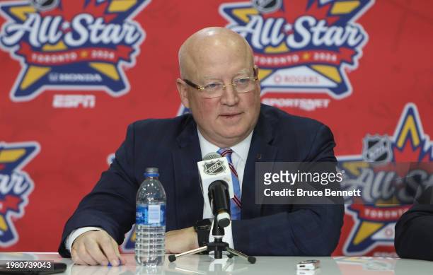 Deputy commissioner Bill Daly speaks with the media on February 02, 2024 at the Scotiabank Arena in Toronto, Ontario, Canada.
