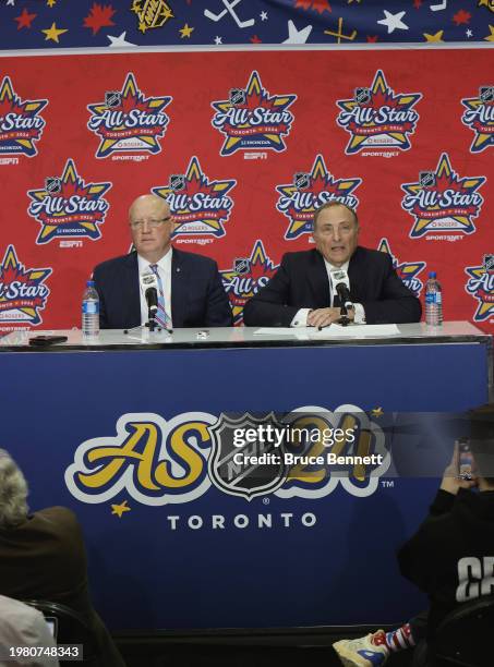Deputy commissioner Bill Daly and commissioner Gary Bettman speaks with the media on February 02, 2024 at the Scotiabank Arena in Toronto, Ontario,...