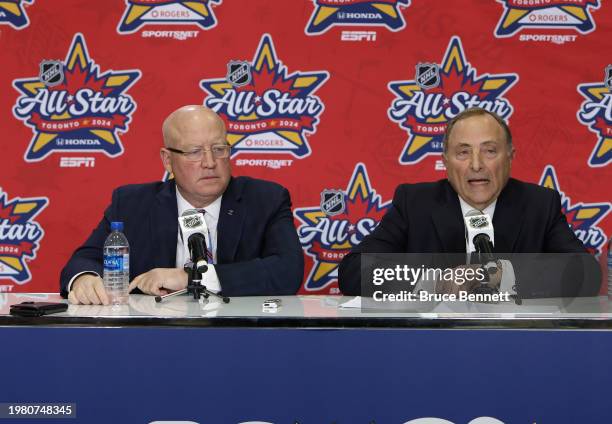 Deputy commissioner Bill Daly and commissioner Gary Bettman speaks with the media on February 02, 2024 at the Scotiabank Arena in Toronto, Ontario,...