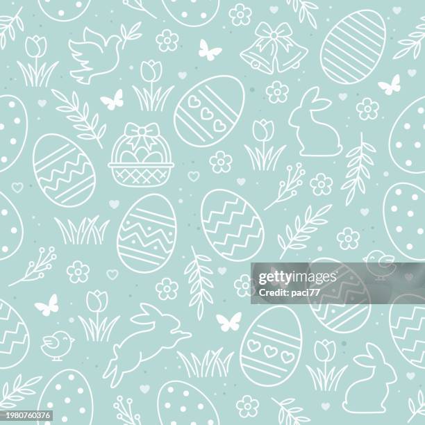 stockillustraties, clipart, cartoons en iconen met seamless pattern icons with easter eggs, flowers, bunnies and butterfly. easter outline icons set. - easter pattern