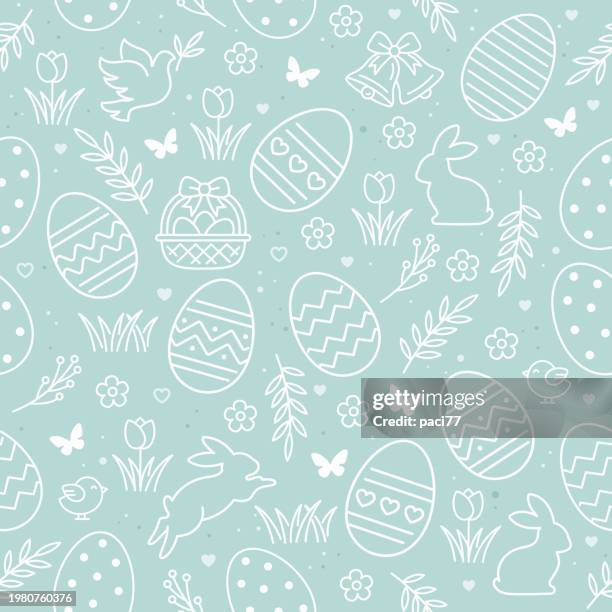 seamless pattern icons with easter eggs, flowers, bunnies and butterfly. easter outline icons set. - easter background stock illustrations