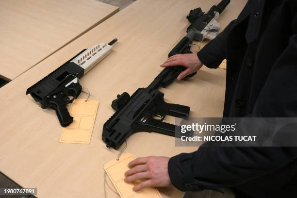 Printable FCG-9 semiautomic pistol caliber carbines are presented to journalists prior to a press conference by Marseille's prosecutor in Marseille,...
