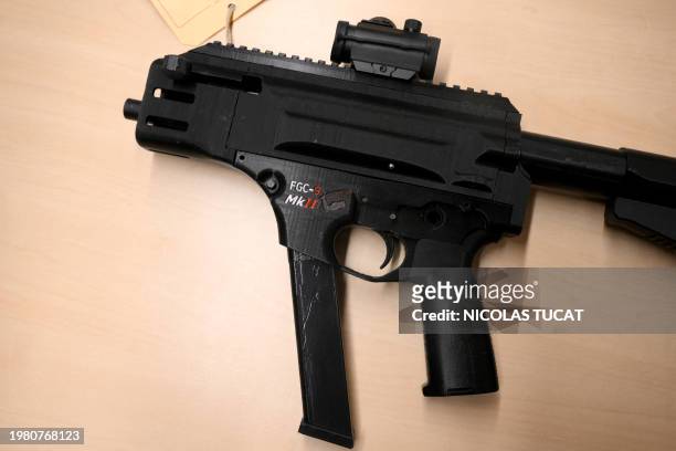 Printable FCG-9 semiautomic pistol caliber carbine is presented to journalists prior to a press conference by Marseille's prosecutor in Marseille,...