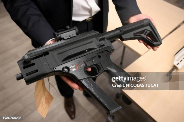 Printable FCG-9 semiautomic pistol caliber carbine is presented to journalists prior to a press conference by Marseille's prosecutor in Marseille,...