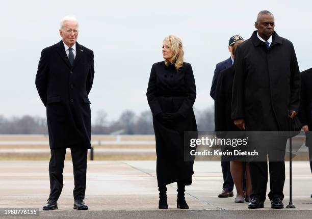 President Joe Biden, first lady Dr. Jill Biden and Secretary of Defense Lloyd Austin attend the dignified transfer for fallen service members U.S....