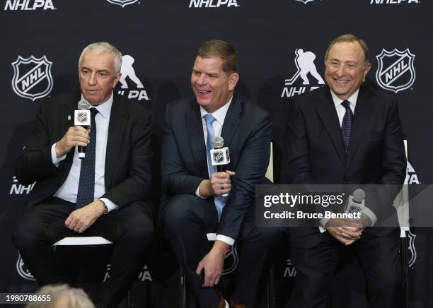 President Luc Tarif, NHLPA executive director Marty Walsh and NHL commissioner Gary Bettman speak with the media on February 02, 2024 at the...