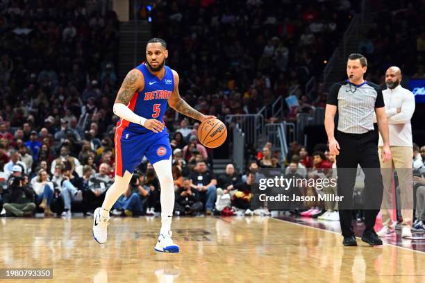 Monte Morris of the Detroit Pistons brings the ball down court during the third quarter against the Cleveland Cavaliers at Rocket Mortgage Fieldhouse...