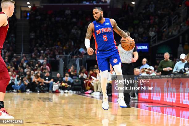 Monte Morris of the Detroit Pistons brings the ball down court during the third quarter against the Cleveland Cavaliers at Rocket Mortgage Fieldhouse...