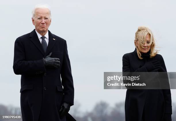 President Joe Biden and first lady Dr. Jill Biden attend the dignified transfer for fallen service members U.S. Army Sgt. William Rivers, Sgt....