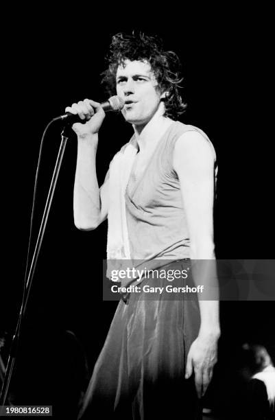 Irish New Wave singer Bob Geldof, of the band the Boomtown Rats, performs onstage at the Palladium, New York, New York, May 5, 1979.