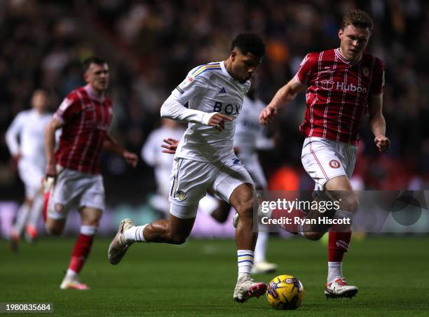 Georginio Rutter of Leeds United runs with the ball whilst under pressure from Rob Dickie of Bristol City during the Sky Bet Championship match...