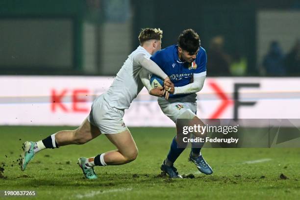 Mirko Belloni of Italy U20 competes for the ball with Rory Taylor of England 20during the Guinness Six Nations 2024 match between Italy U20 and...