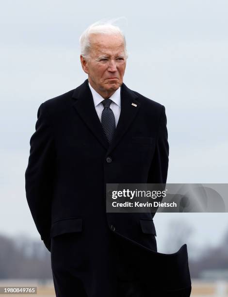 President Joe Biden attends the dignified transfer for fallen service members U.S. Army Sgt. William Rivers, Sgt. Breonna Moffett and Sgt. Kennedy...