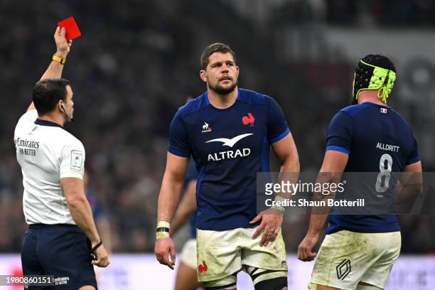 Paul Willemse of France reacts after being shown a red card by Referee Karl Dickson for a high tackle during the Guinness Six Nations 2024 match...
