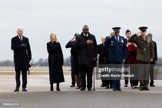 President Joe Biden, first lady Jill Biden, Secretary of Defense Lloyd Austin, Chairman of the Joint Chiefs of Staff Air Force Gen. Charles Q. Brown,...