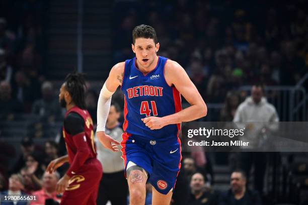 Mike Muscala of the Detroit Pistons runs back on defense during the first quarter against the Cleveland Cavaliers at Rocket Mortgage Fieldhouse on...