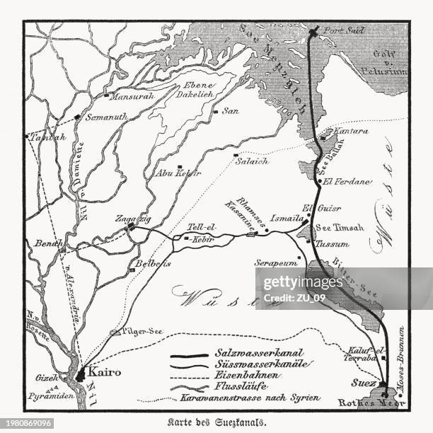 map of the suez canal, egypt, wood engraving, published in 1869 - red sea stock illustrations