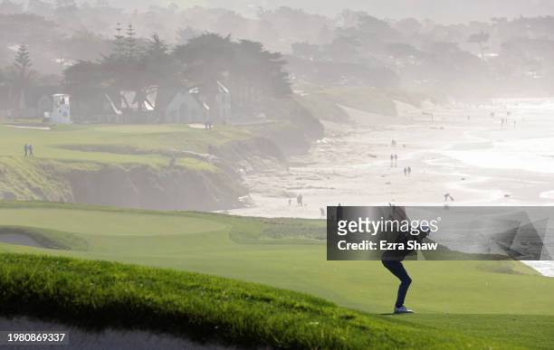 Keegan Bradley of the United States plays a shot on the ninth hole during the second round of the AT&T Pebble Beach Pro-Am at Pebble Beach Golf Links...
