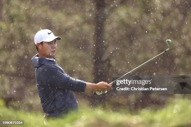 Tom Kim of South Korea plays his shot from the third tee during the second round of the AT&T Pebble Beach Pro-Am at Spyglass Hill Golf Course on...