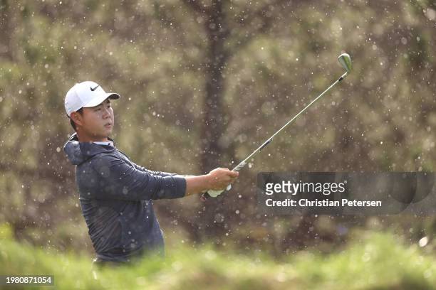 Tom Kim of South Korea plays his shot from the third tee during the second round of the AT&T Pebble Beach Pro-Am at Spyglass Hill Golf Course on...