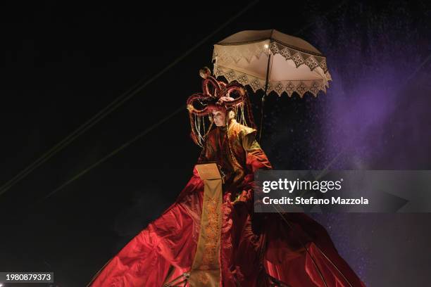 Artists perform by boat during the Venice Carnival's "Terra Incognita" show, organized by VelaSpa, at the Arsenale on February 02, 2024 in Venice,...